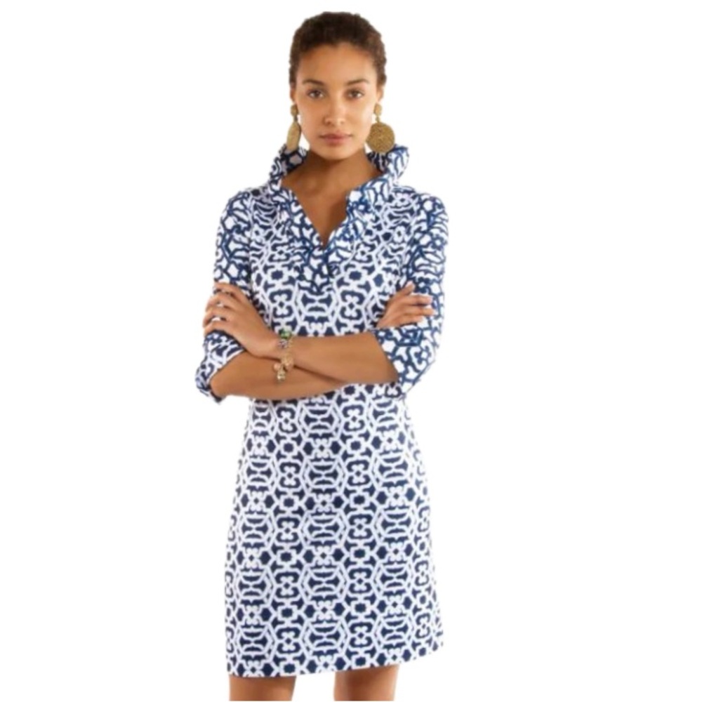 Gretchen Scott,  Preppy Ruffle Neck Navy & White Geometric Shift Dress, Size S